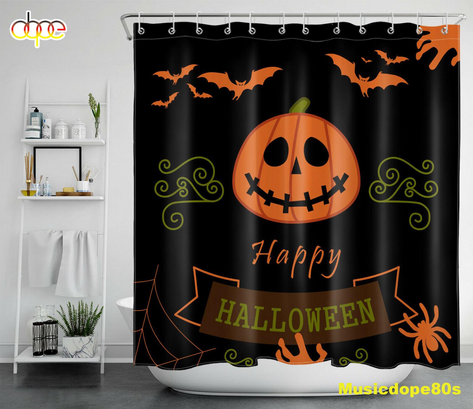 Happy Halloween Shower Curtain Funny Grimace Pumpkin Bats Spider