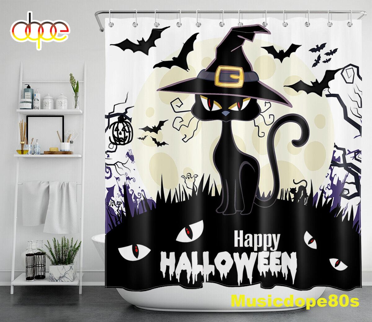 Happy Halloween Spooky Night Black Cat Bats Waterproof Fabric Shower Curtain