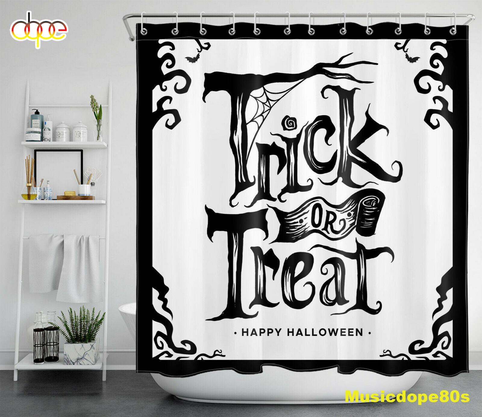 Happy Halloween Trick Or Treat Bat Black White Shower Curtain 1
