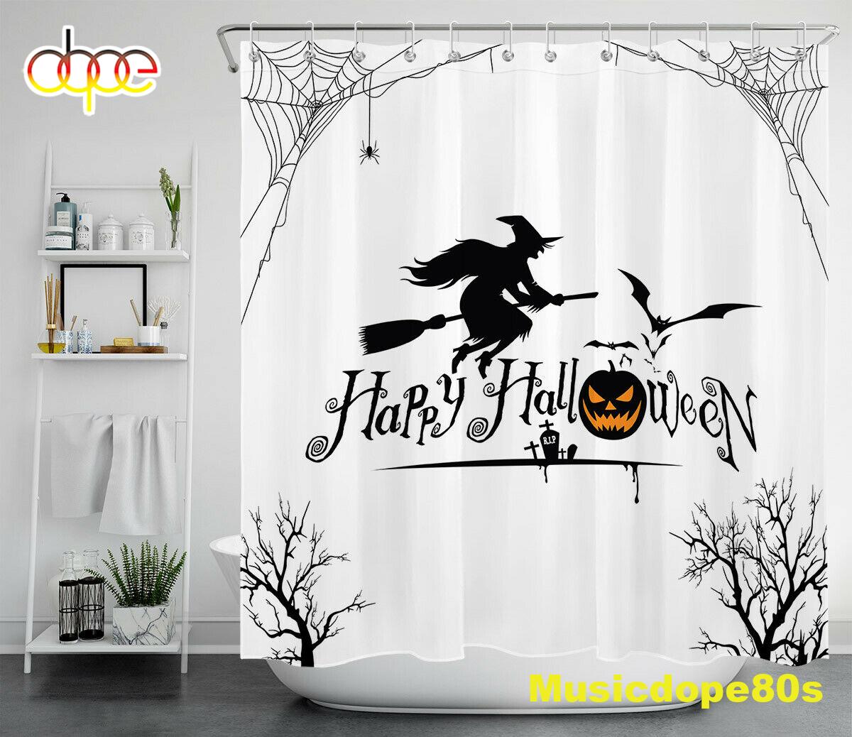 Happy Halloween Witch Pumpkins Black White Waterproof Fabric Shower Curtain 1