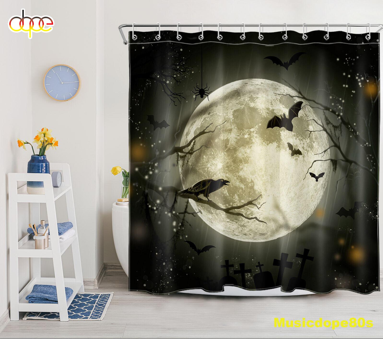 Horror Bat Crow Full Moon Night Halloween Shower Curtain