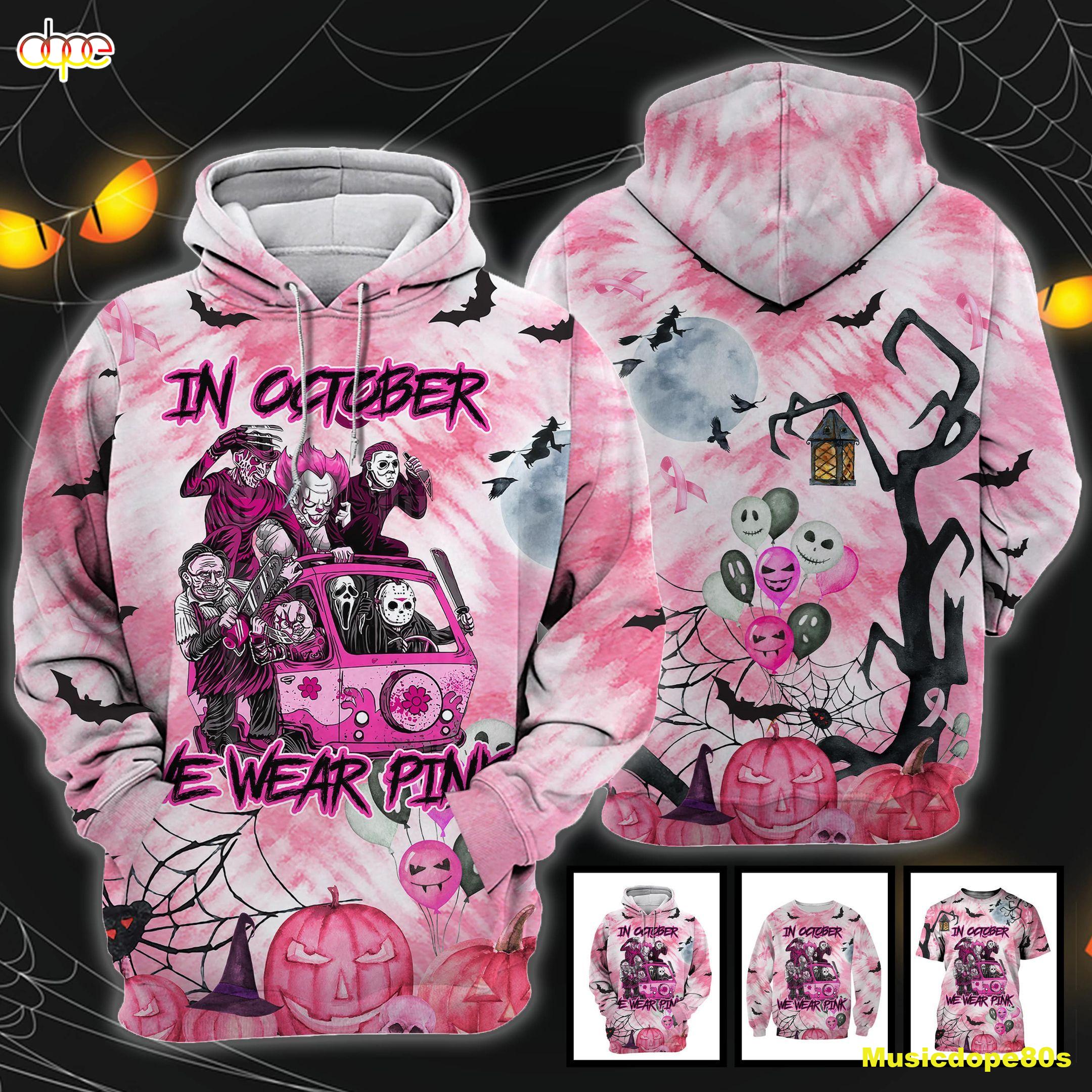 Horror Friends Van With Clown In October We Wear Pink Horror Movie Halloween All Over Print 3D Shirt