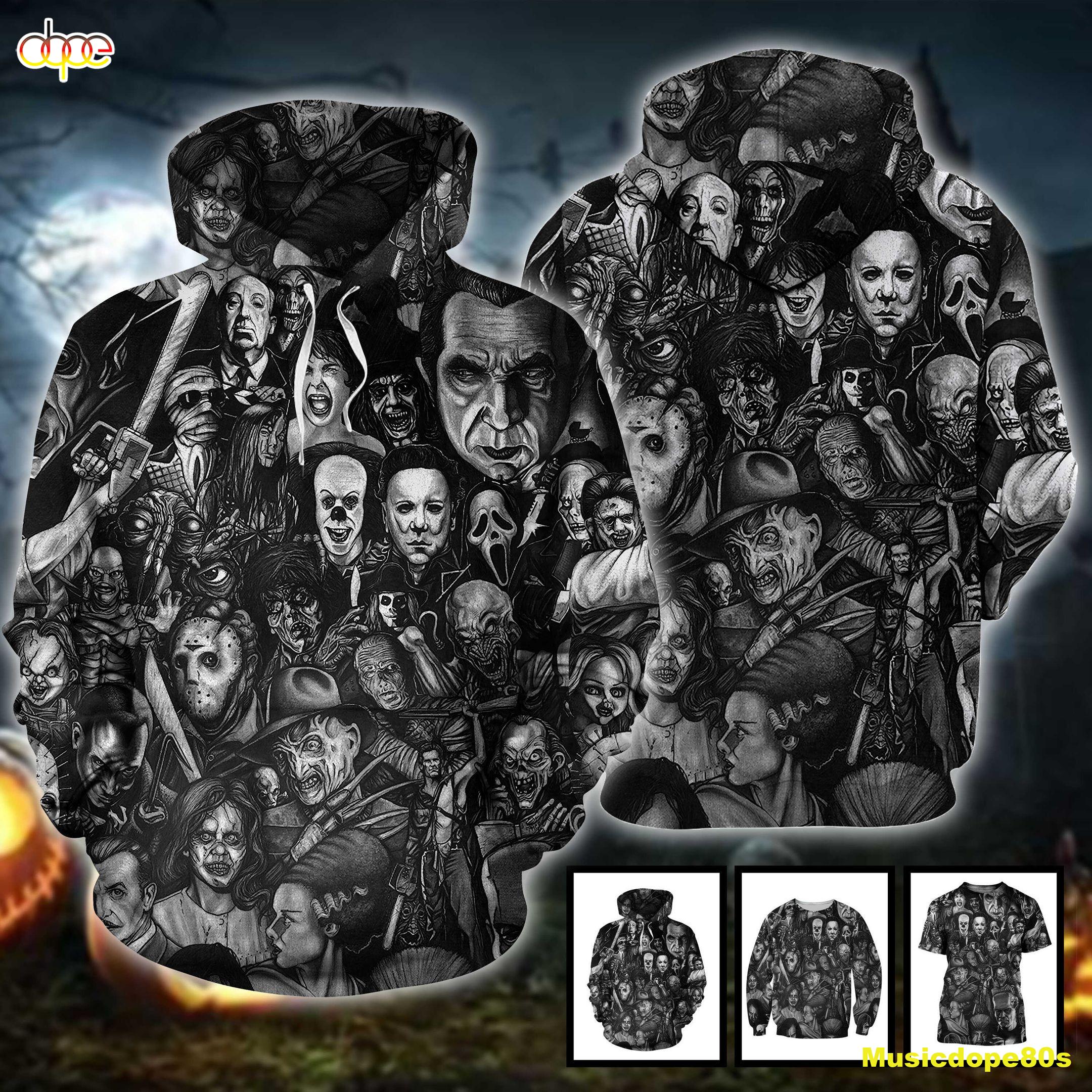 Horror Movies Characters Full Print Black White Sketch Halloween All Over Print 3D Shirt