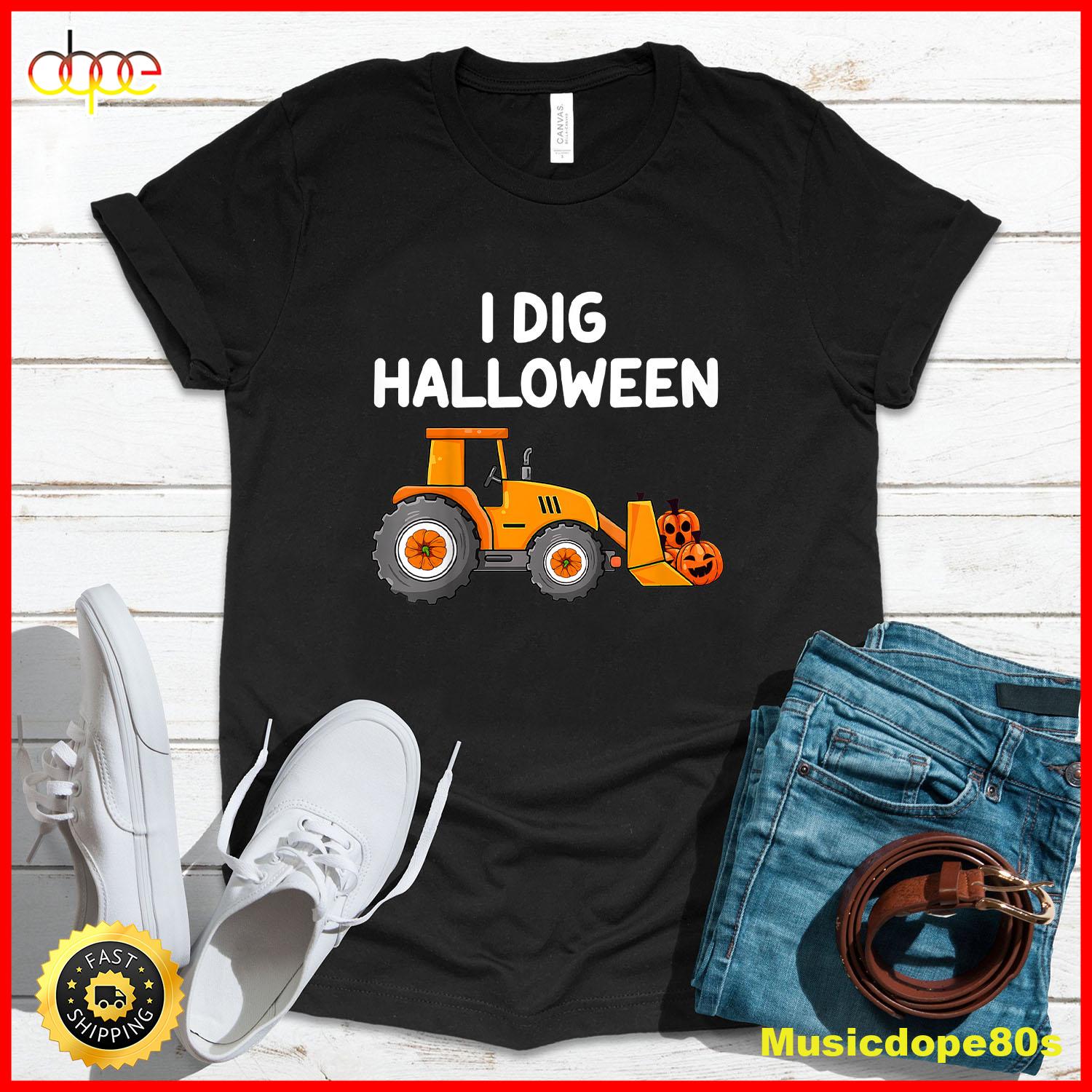 Kids I Dig Halloween Pumpkin Tractor Jack O Latern Toddlers Boys T Shirt