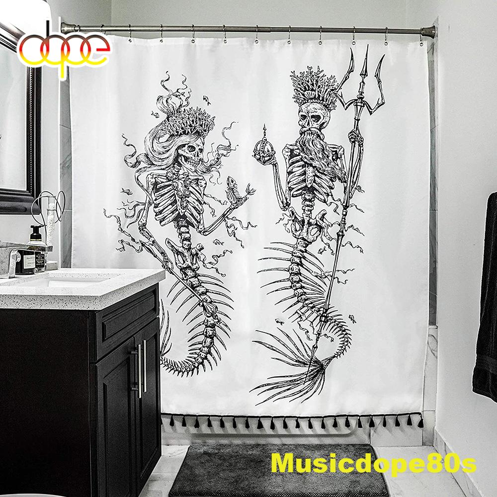 Mermaid For Gothic Bathroom Decor Black White Tasseled Shower Curtain