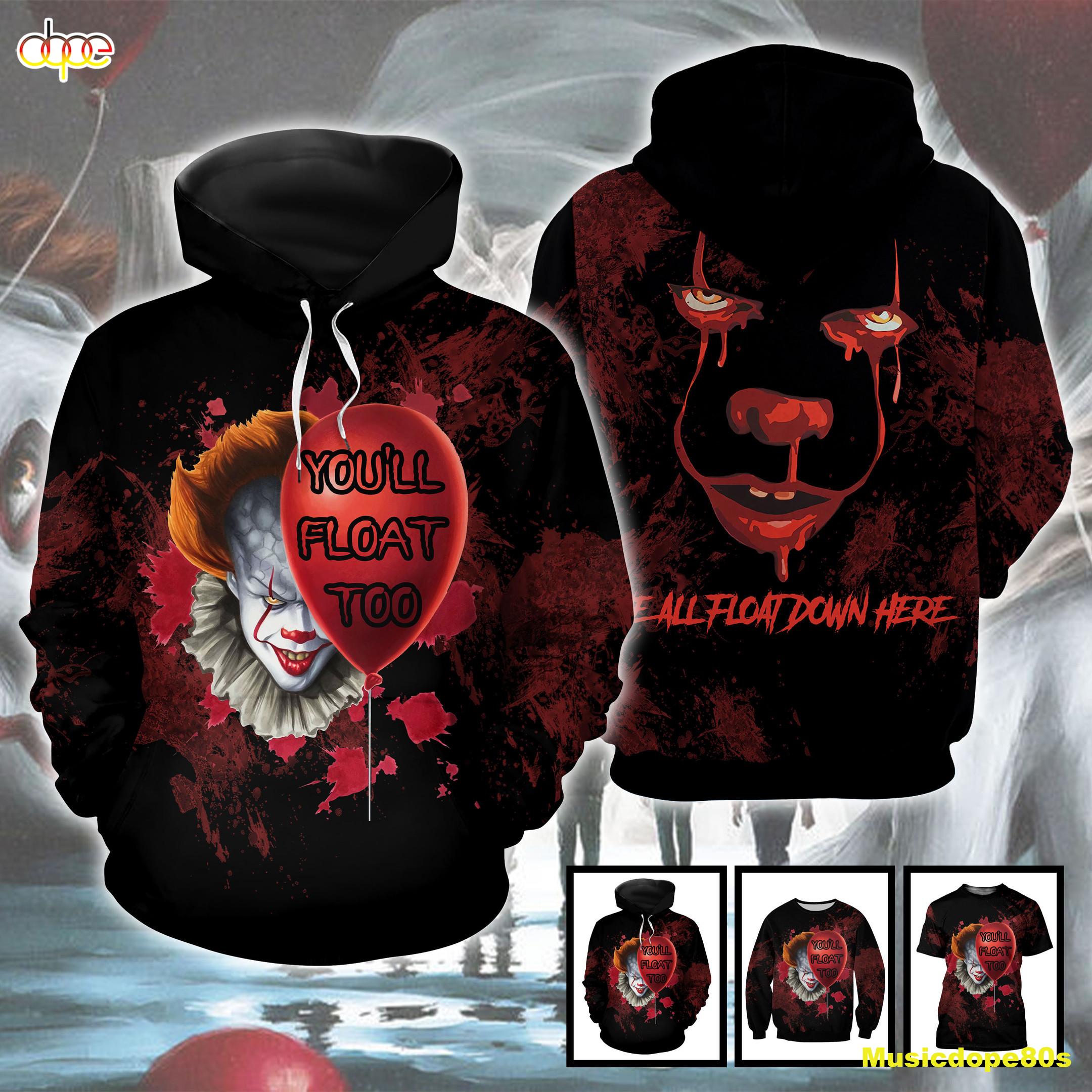 Pennywise IT We All Float Down Here Splatter Blood Pattern Horror Movie Halloween All Over Print 3D Shirt