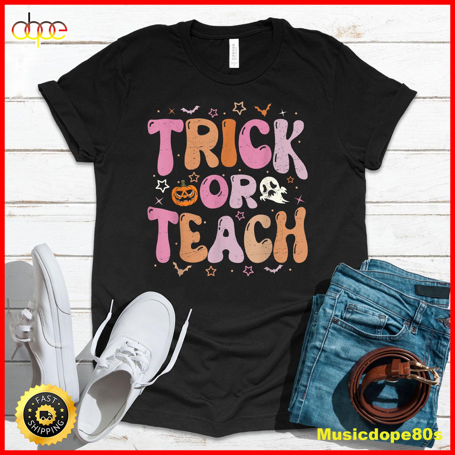 Retro Vintage Groovy Trick Or Teach Halloween Teacher Life T Shirt 1
