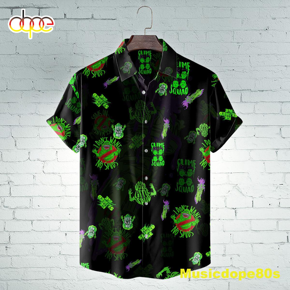 Slimer Squad Ghostbusters Horror Movie Halloween All Over Print 3D Hawaiian Shirt Black