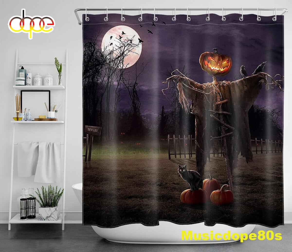 Spooky Halloween Night Pumpkins Scarecrow Waterproof Fabric Shower Curtain 1