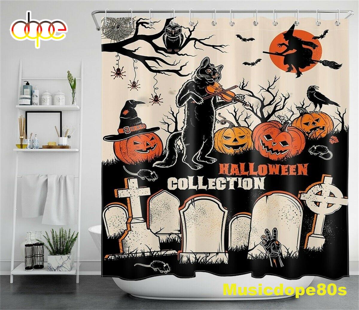 Spooky Halloween Pumpkin Graves Cat Cartoon Waterproof Fabric Shower Curtain 1