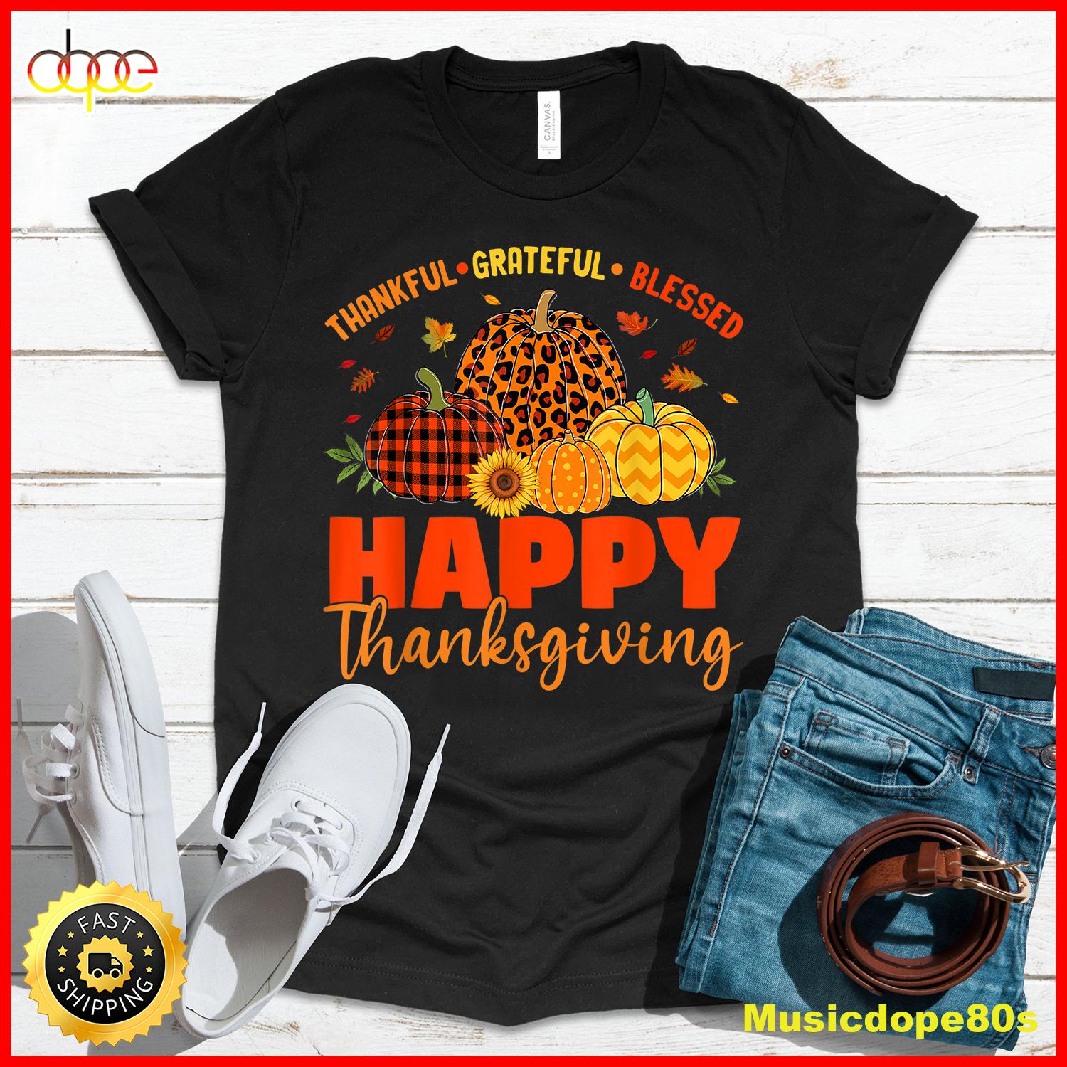Thankful Grateful Blessed Leopard Plaid Pumpkin Thanksgiving T Shirt