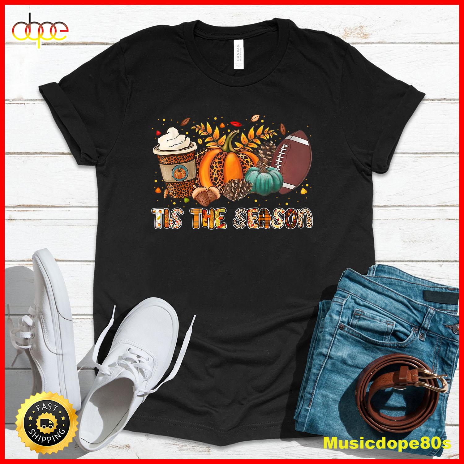 Tis The Season Leopard Pumpkin Football Halloween Fall T Shirt