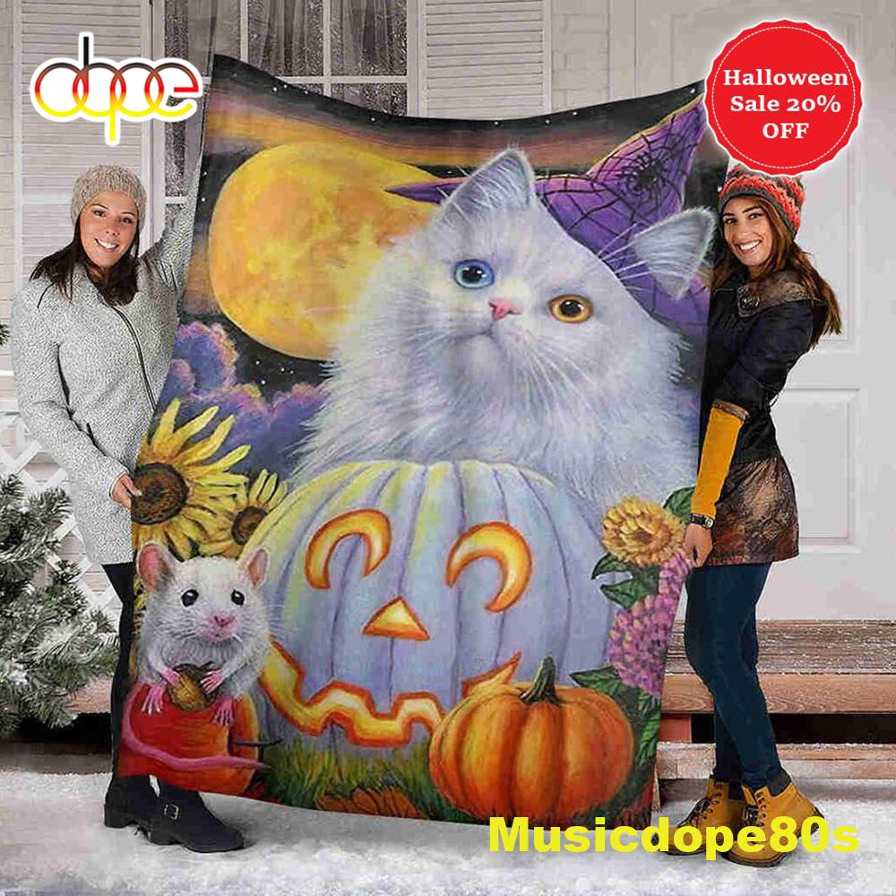 White Cat And Pumpkin Halloween Sofa Fleece Throw Blanket Halloween Gifts