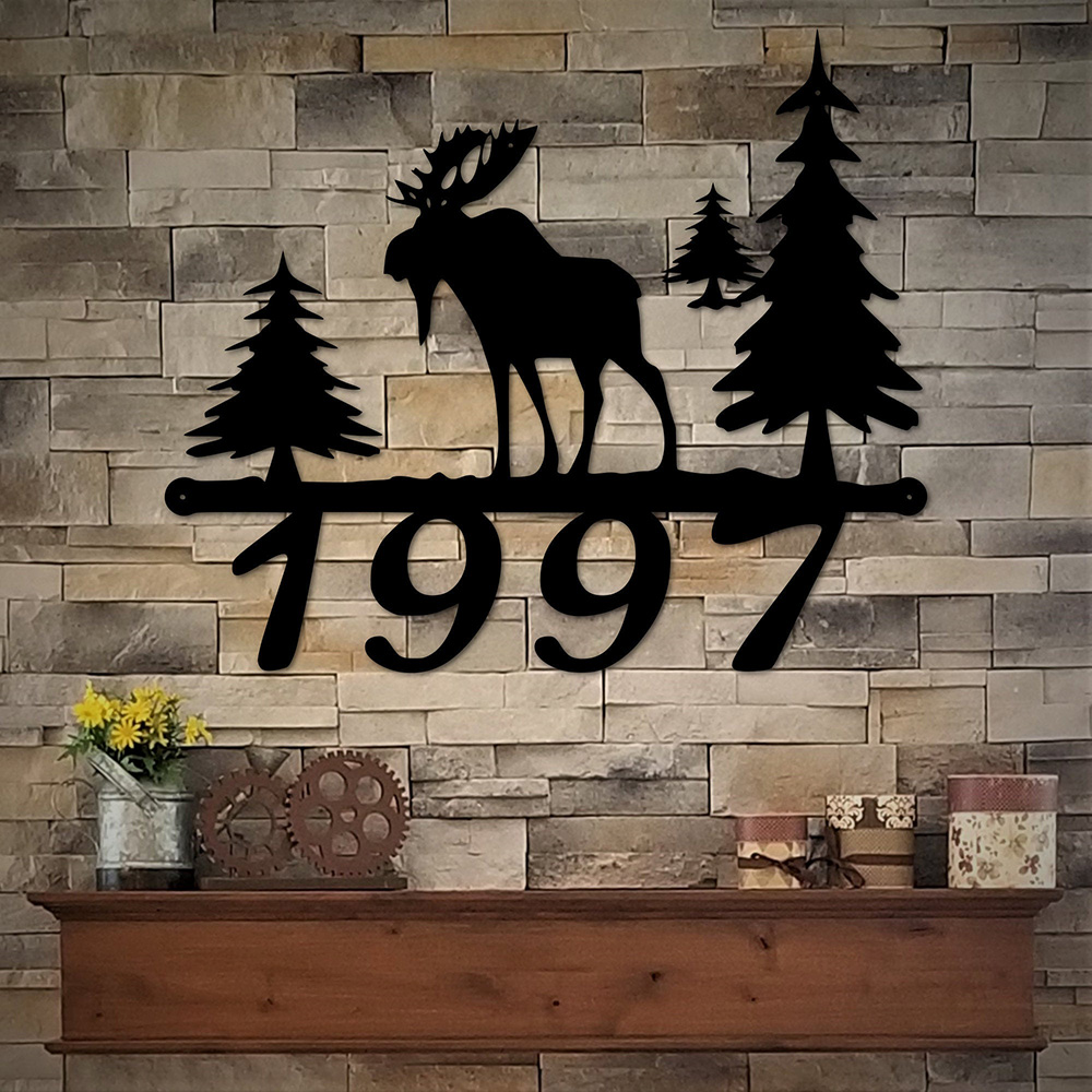 Wildlife Metal Address Marker With Moose And Pine Trees Outdoor Metal Sign Rustic Home Address Sign