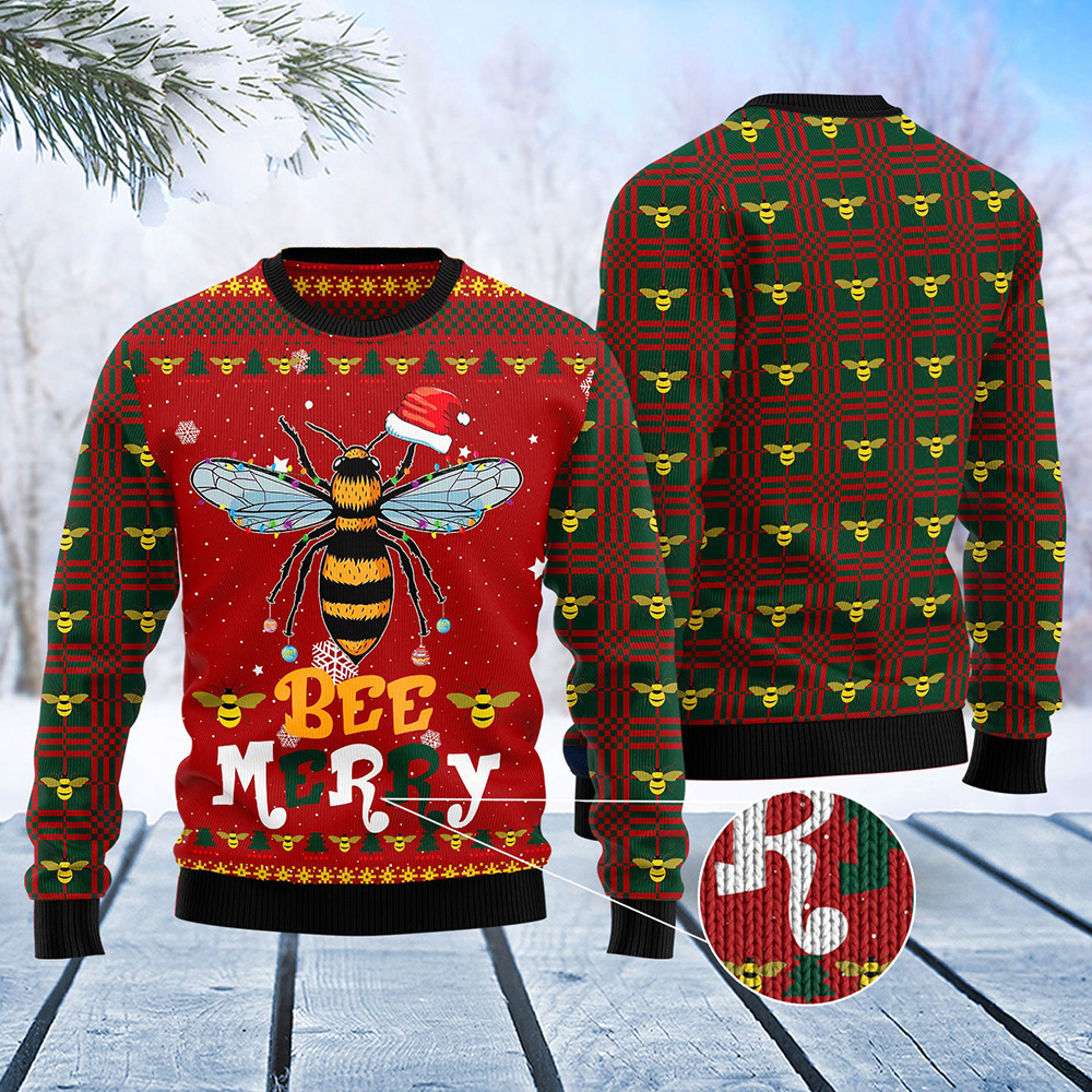 Bee Merry Ugly Christmas Sweater Christmas Crewneck Sweater