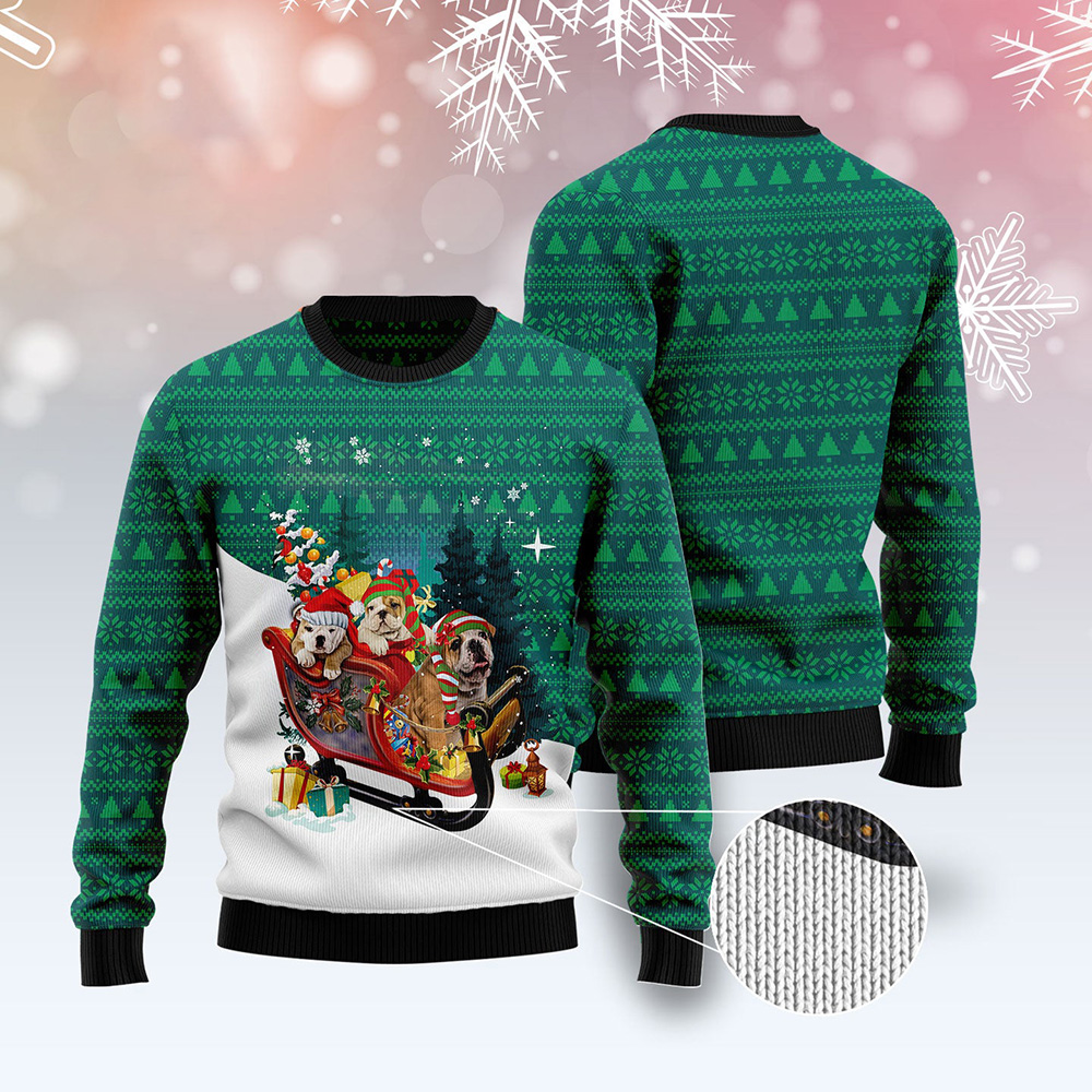 Bulldog Sleigh Ugly Christmas Sweater Lover Xmas Sweater Gift