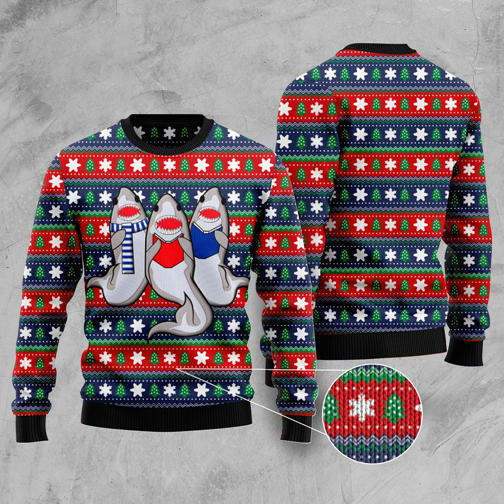 Carolling Sharks Ugly Christmas Sweater Xmas Jumper Holiday Pullover