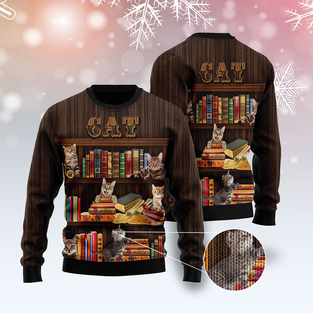 Cat Bookcase Ugly Christmas Sweater Gift For Christmas