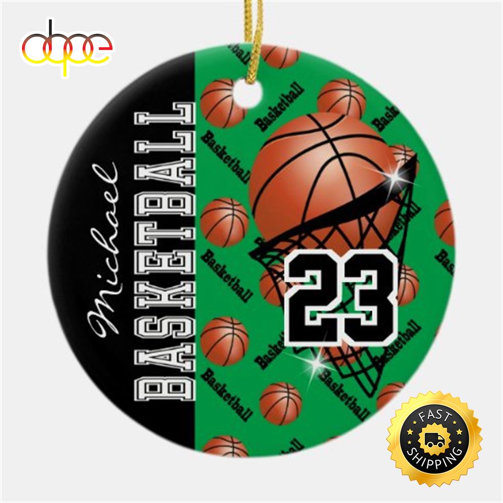 Personalize Green Basketball Ceramic NBA Christmas Ornaments