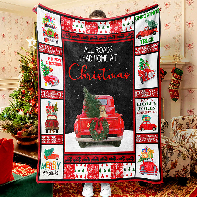 Red Truck Loaded With Christmas Tree Christmas Blanket
