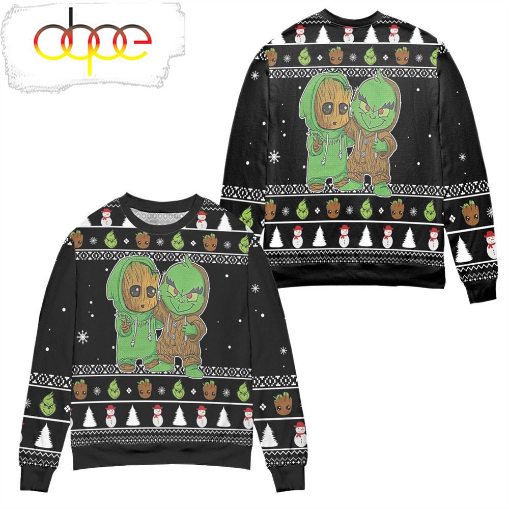 Baby Groot And Grinch Snowman Pattern Claus Ugly Christmas Sweater