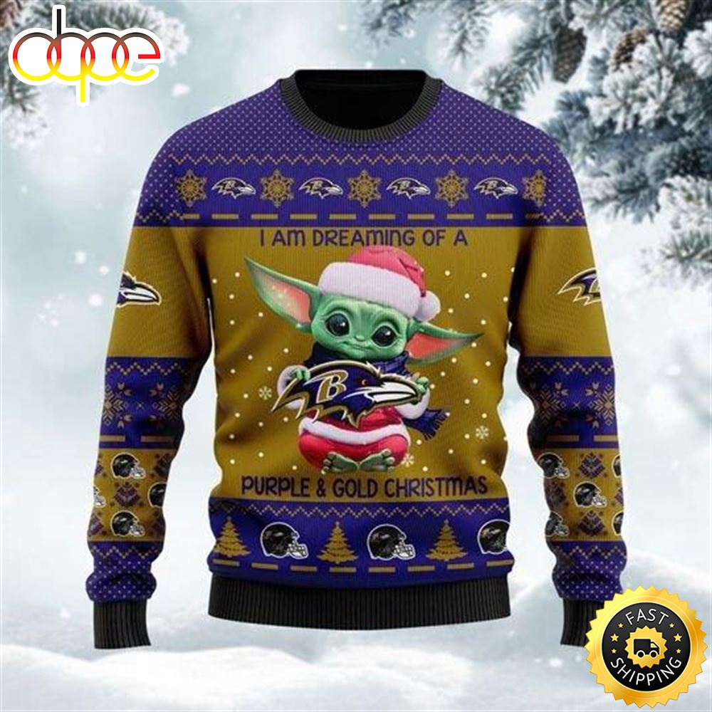 Baby Yoda I Am Dreaming Of A Purple And Gold Christmas Ugly Christmas Sweater