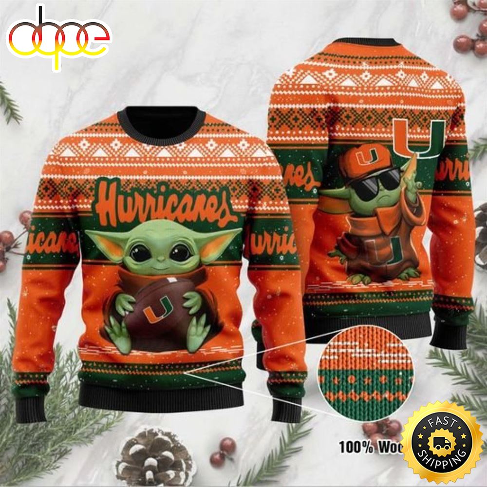 Baby Yoda Miami Hurricanes Football Ugly Christmas Sweater