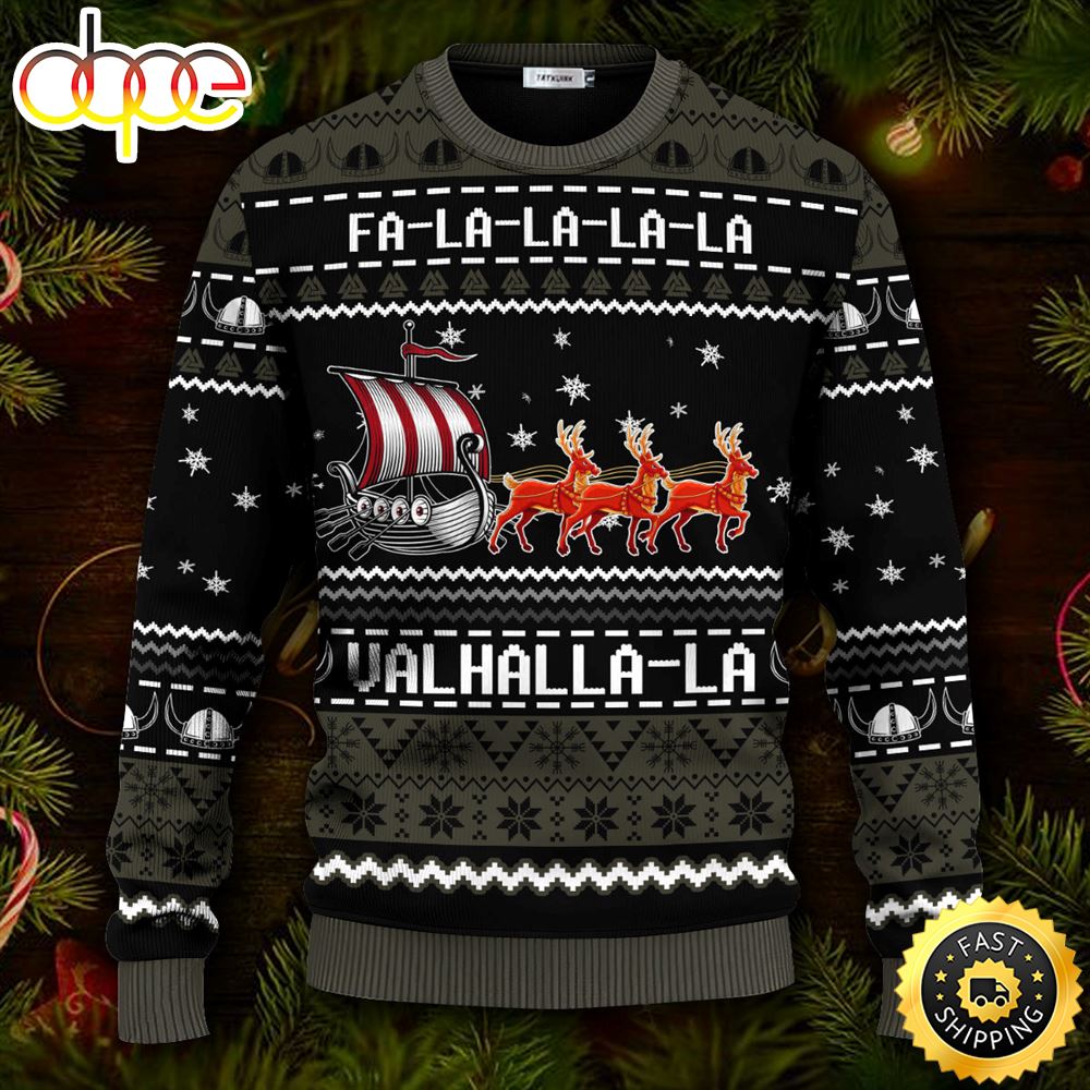 Black Falalalala Valhallala Viking Ships Viking Ugly Christmas Skull Sweater Christmas