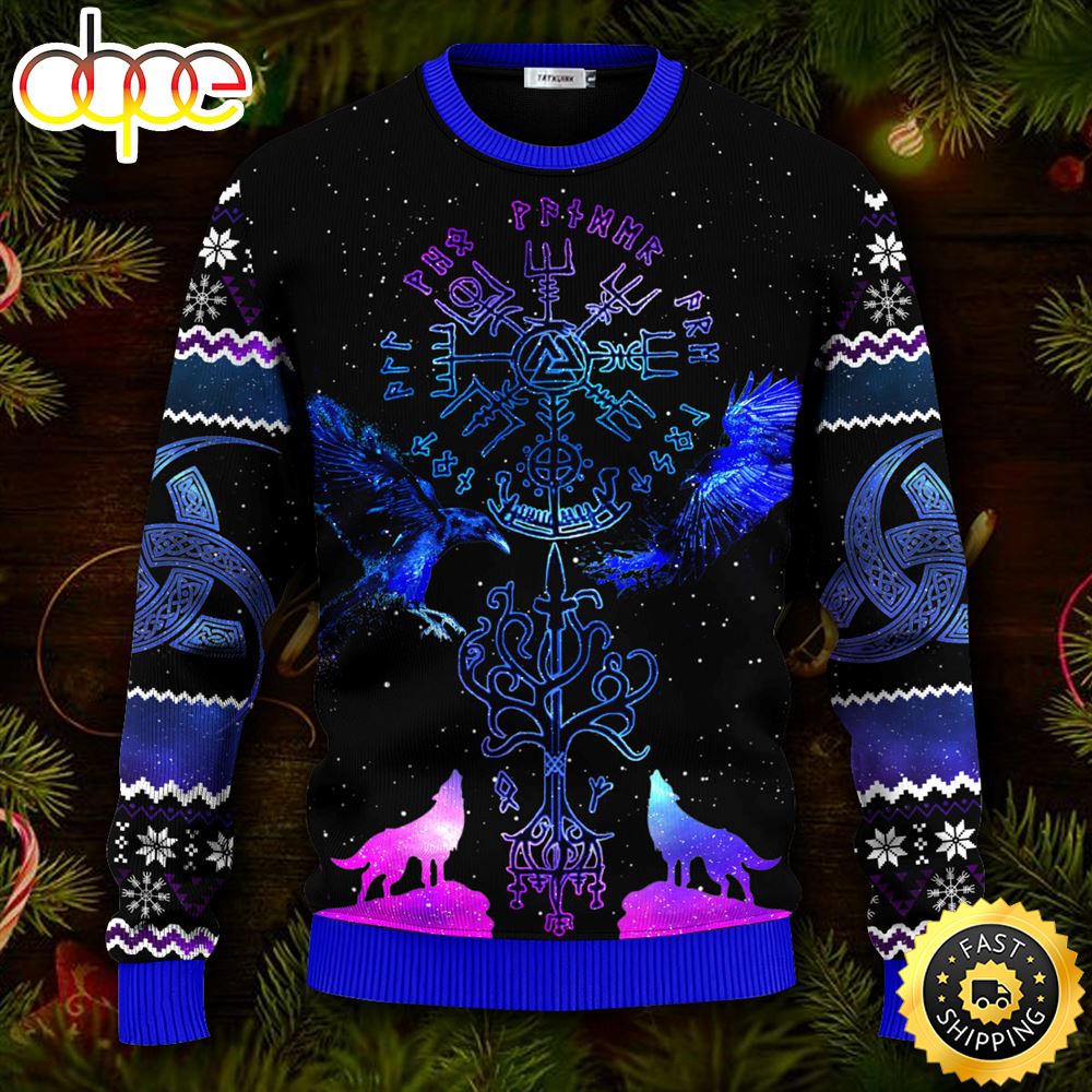 Blue Vegvisir Triple Horn Pattern Wolf Viking Ugly Christmas Skull Sweater Christmas