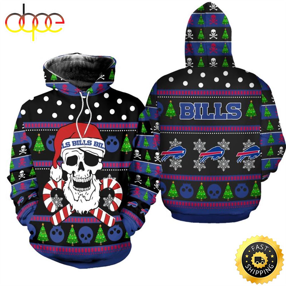Buffalo Bills Christmas Santa Skull Patterns Football NFL All Over Print Hoodie Shirt