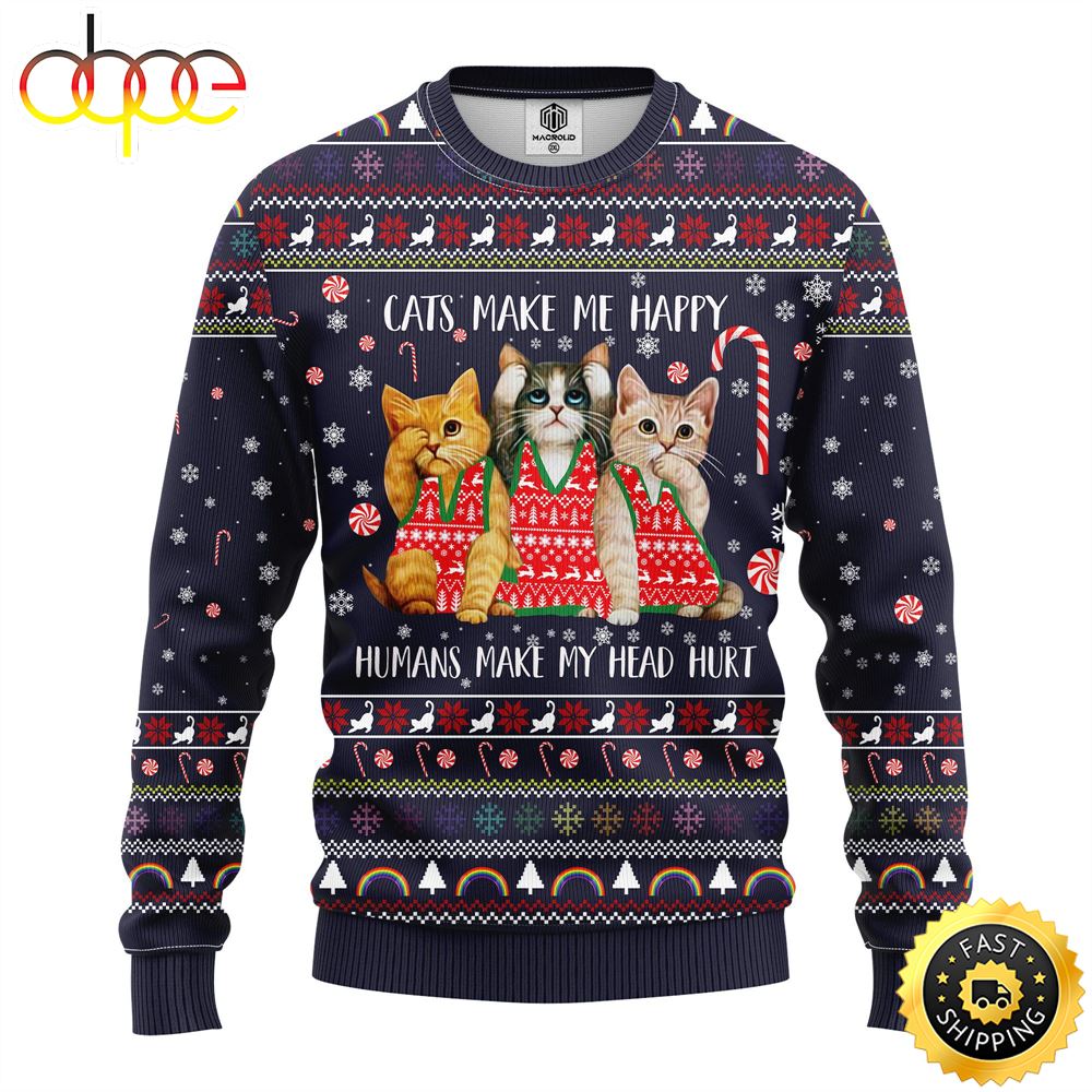 Cat Make Me Happy Christmas Ugly Sweater 1