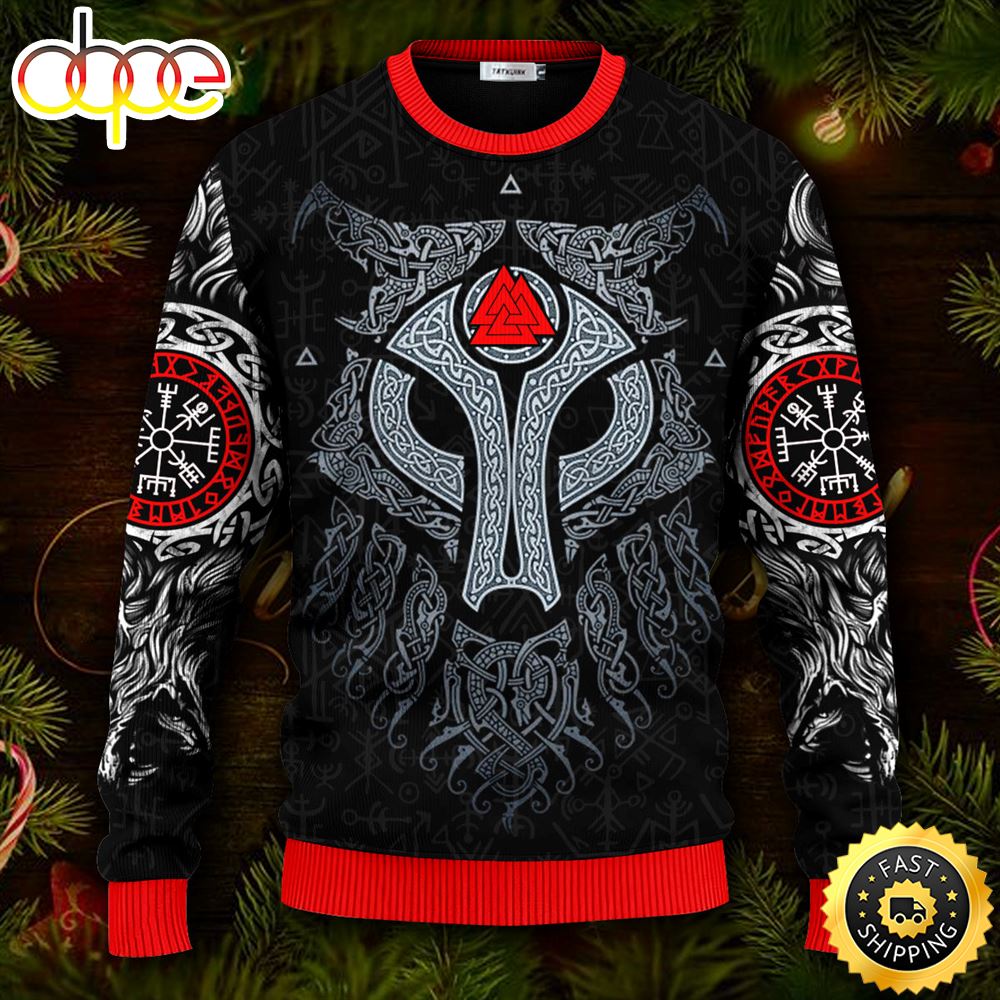 Cool Wolf Vegvisir Pattern Viking Ugly Christmas Skull Sweater Christmas