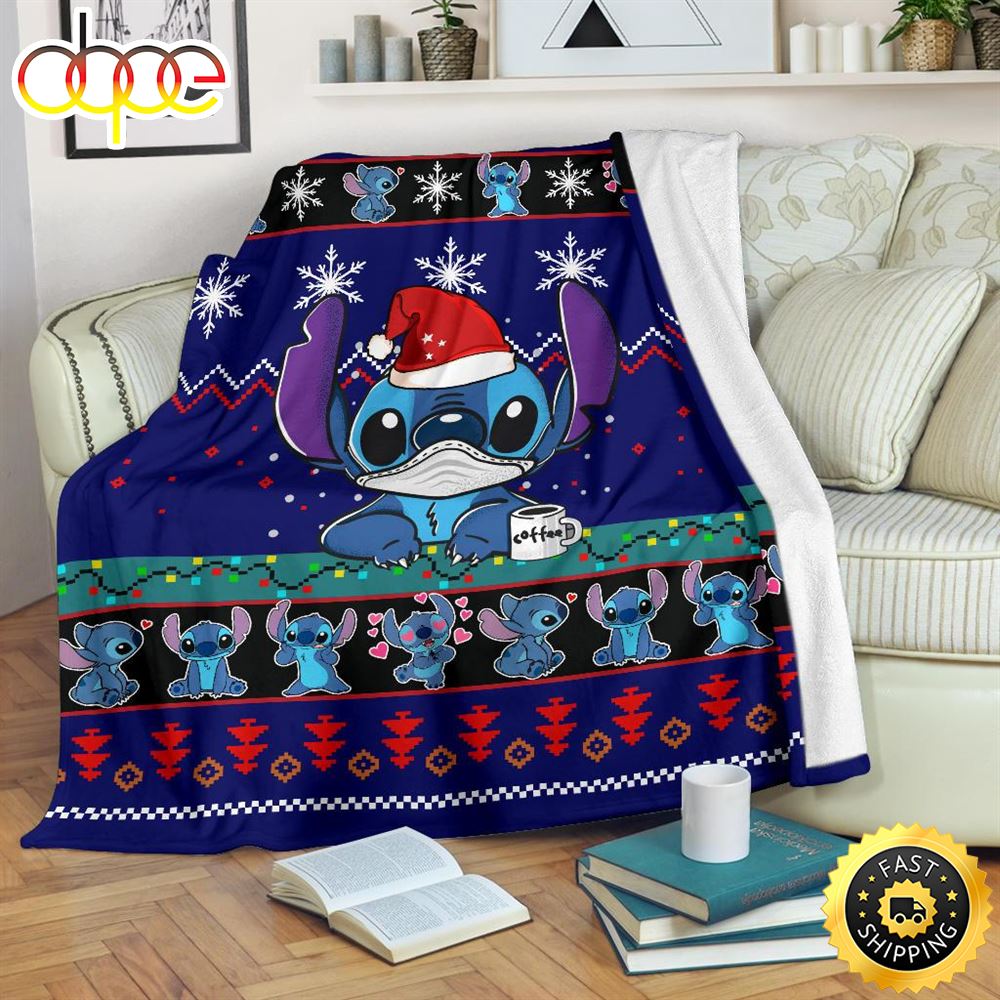 DN Stitch With Mask Christmas Pattern Blue Blanket Christmas