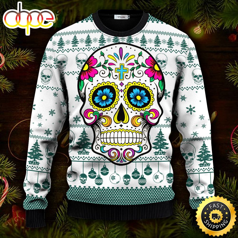 Dead Sugar Skull Colorfull Skull Ugly Christmas Skull Sweater Christmas