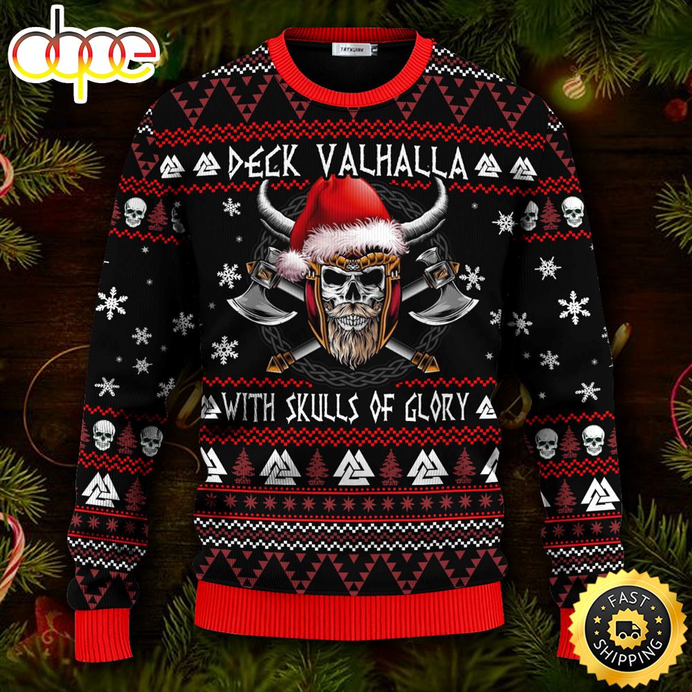 Deck Valhalla With Skulls Of Glory Viking Ugly Christmas Skull Sweater Christmas