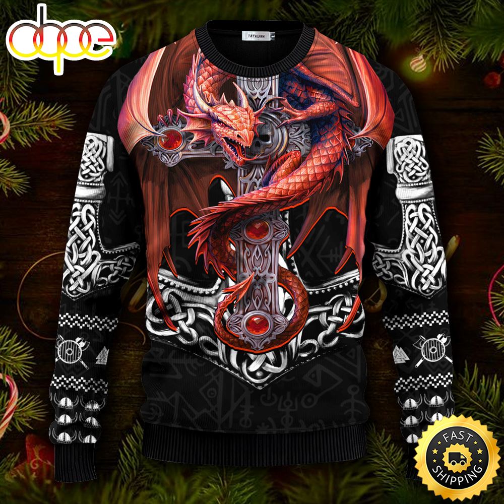 Dragon Gothic Guardian Viking Ugly Christmas Skull Sweater Christmas