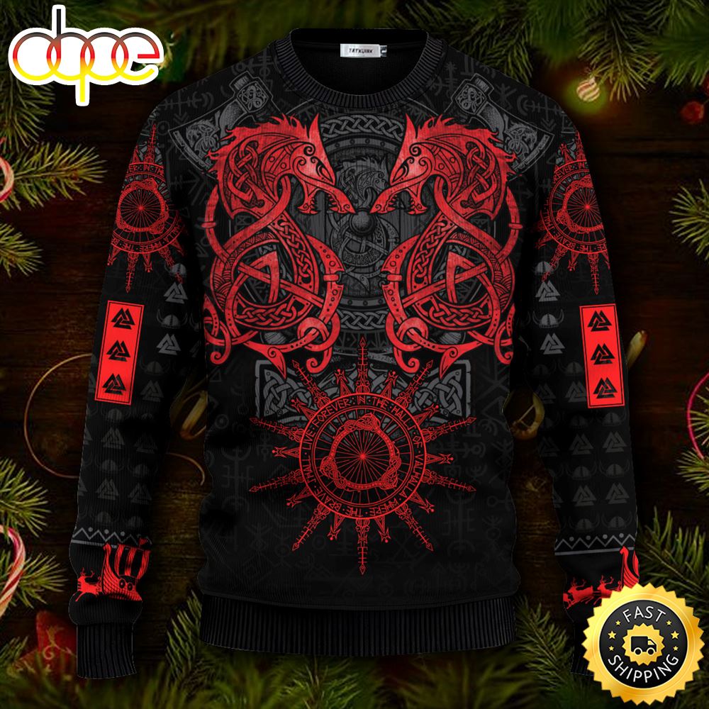 Dragon Red Pattern Viking Ugly Christmas Skull Sweater Christmas