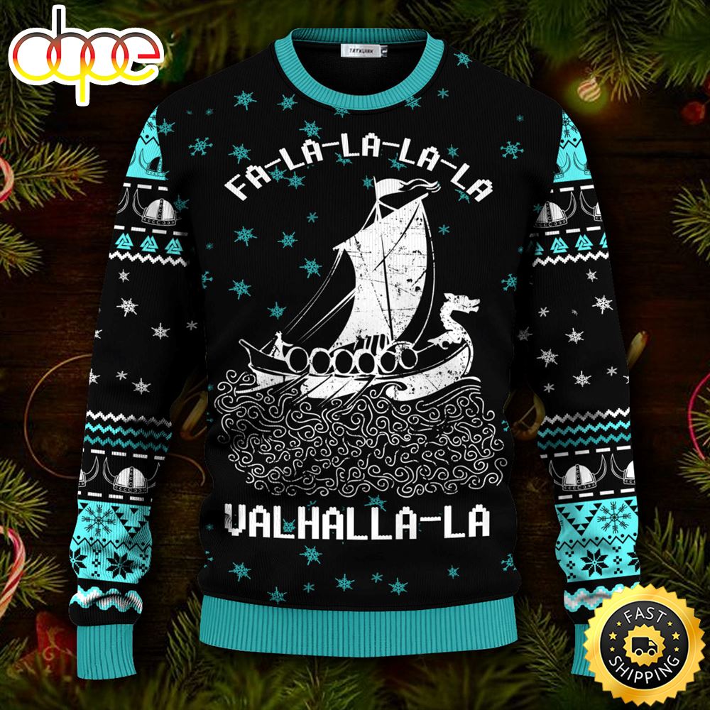 Falalala Valhallala Blue Snow Viking Ugly Skull Sweater Christmas