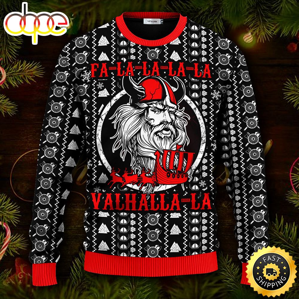 Falalalala Valhallala Red Pattern Viking Ugly Christmas Skull Sweater Christmas