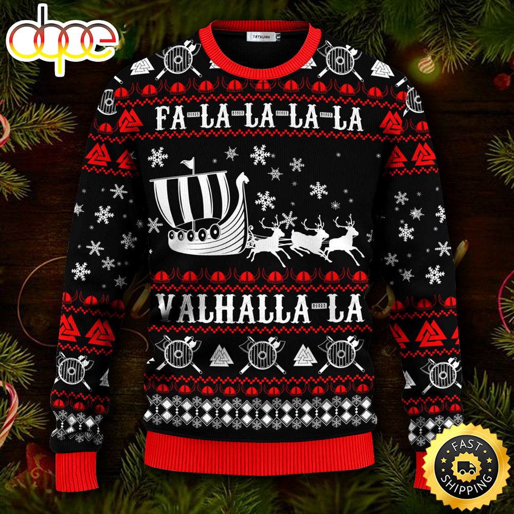 Falalalala Valhallala Viking Ships Viking Ugly Christmas Skull Sweater Christmas