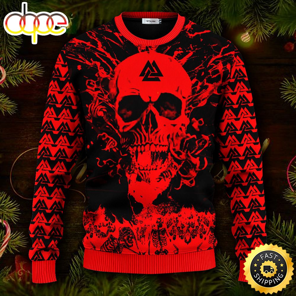 Fire God Of Death Valknut Viking Ugly Christmas Skull Sweater Christmas