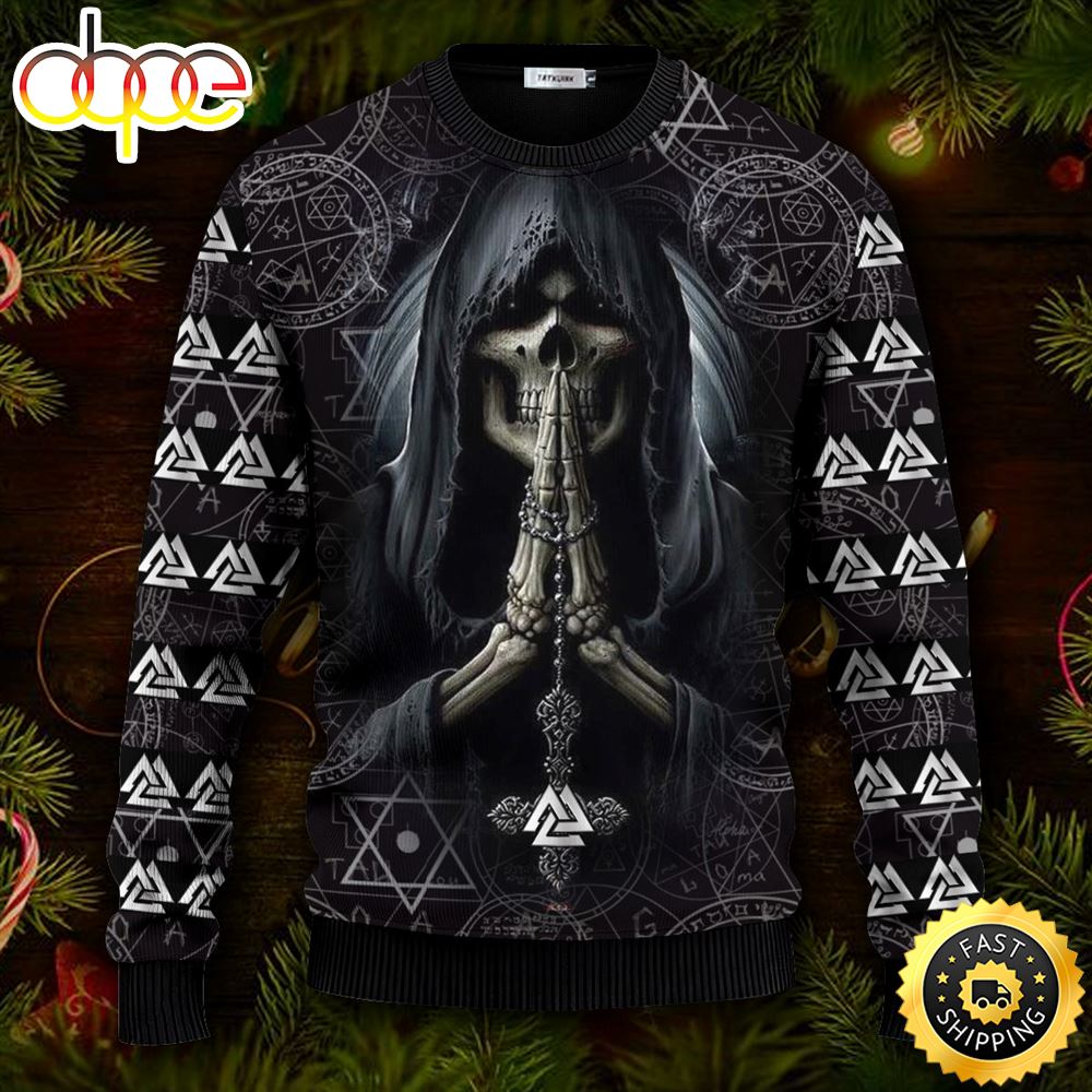 God Of Death Valknut Pattern Viking Ugly Christmas Skull Sweater Christmas