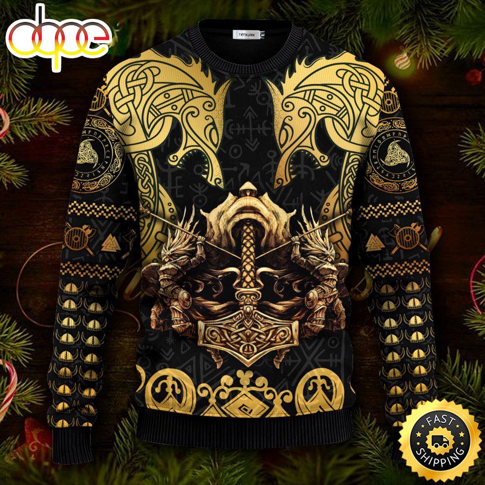 Gold Mythical Dragon Viking Ugly Christmas Skull Sweater Christmas