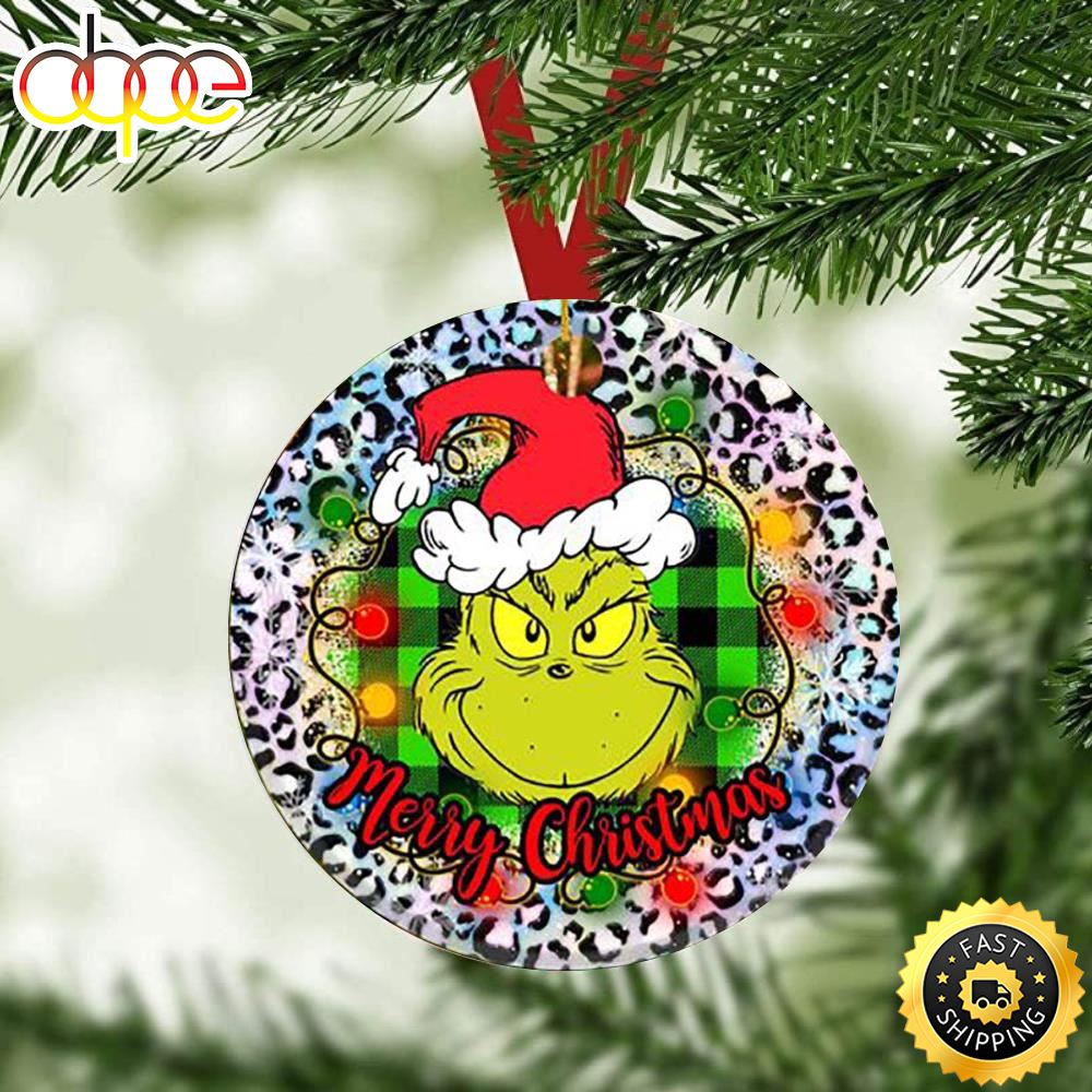 Grinch Face Buffalo Plaid Lights Christmas Grinch Tree Ornament
