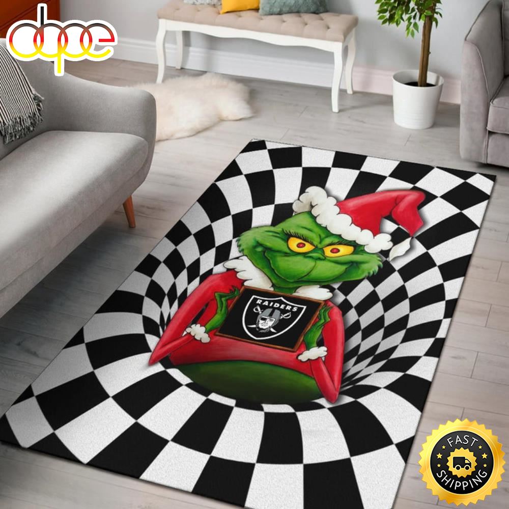 Grinch Wearing Santa Clothes Holding Raiders Grinch Area Rug