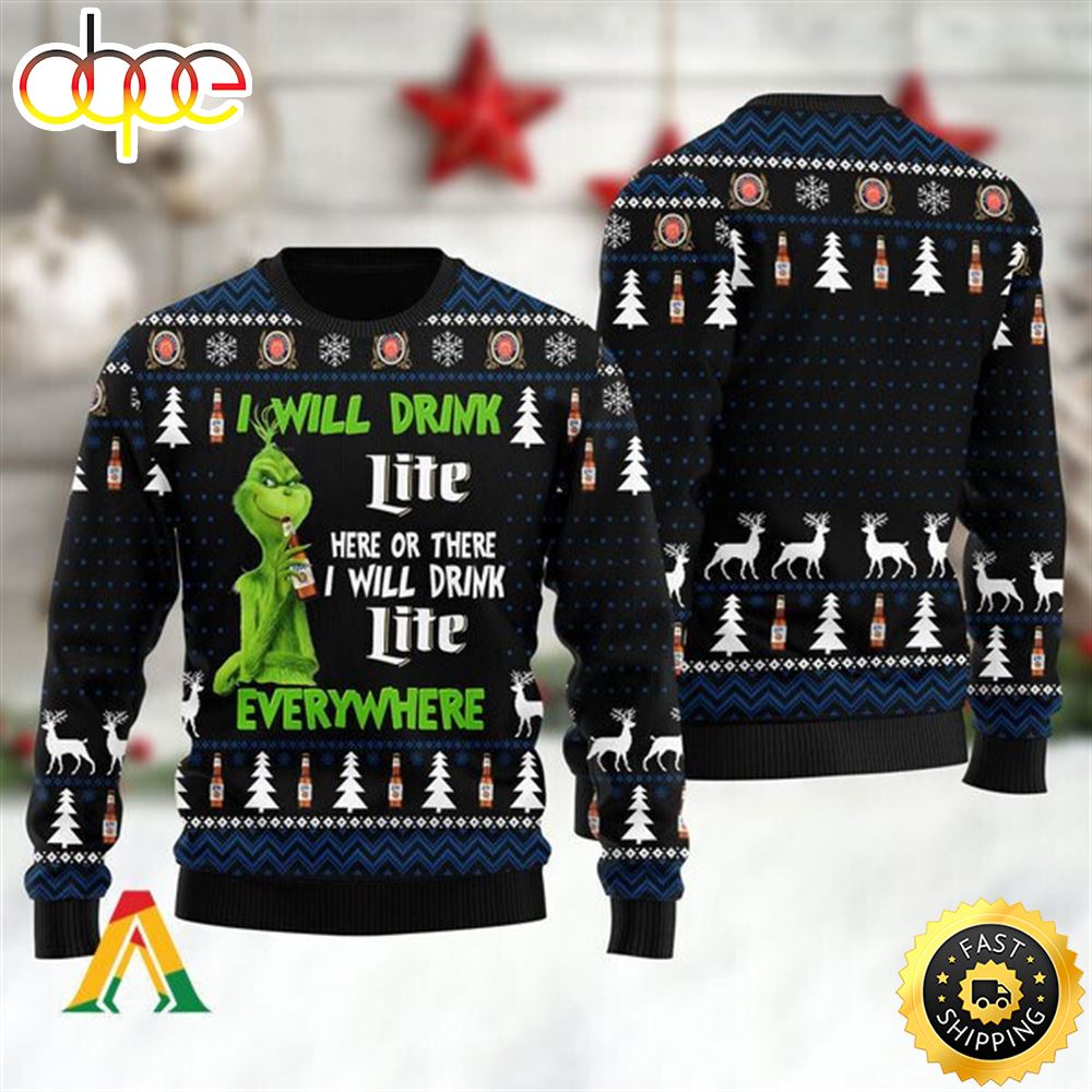 I Will Drink Miller Lite Everywhere Christmas Xmas Ugly Sweater Gift 1