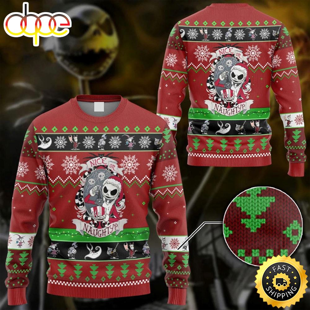 Jack Skellingtong Nice Or Naughty Ugly Christmas Sweater 1