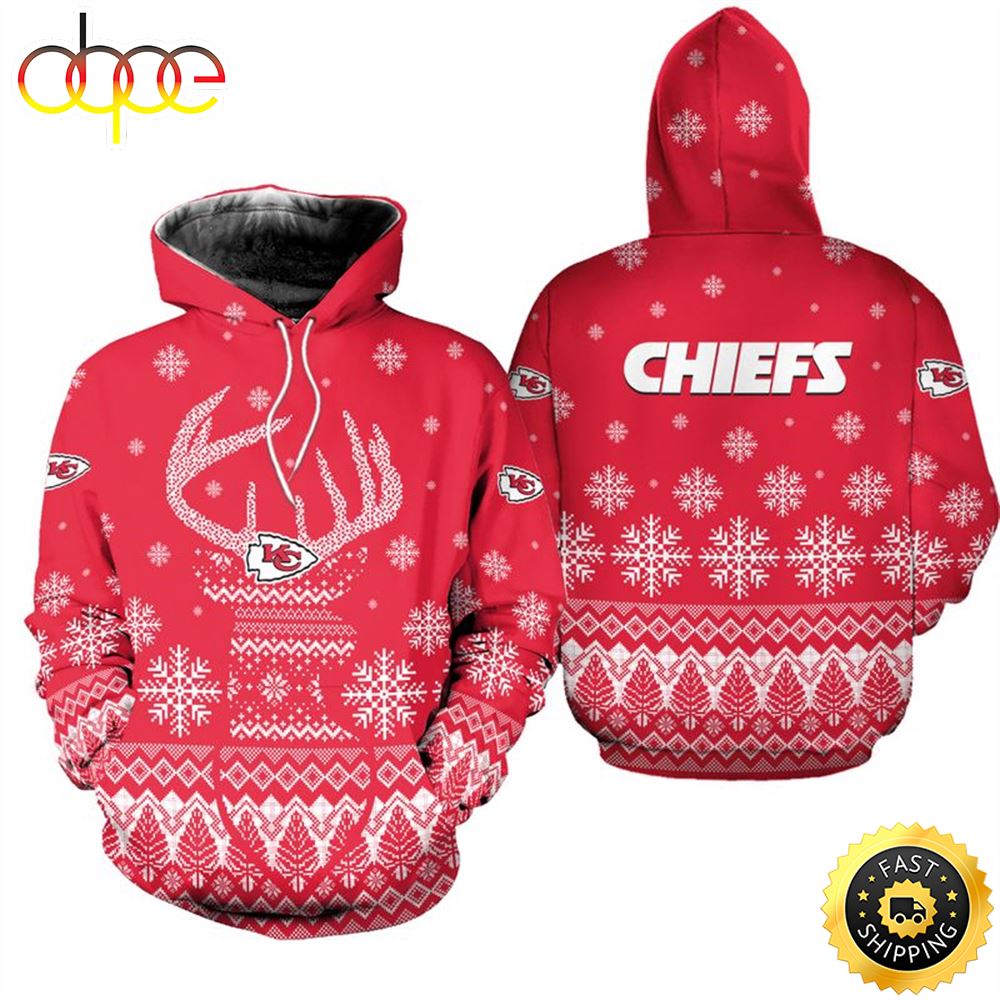 Kansas City Chiefs Christmas Reindeer Football NFL All Over Print Christmas Hoodie Shirt