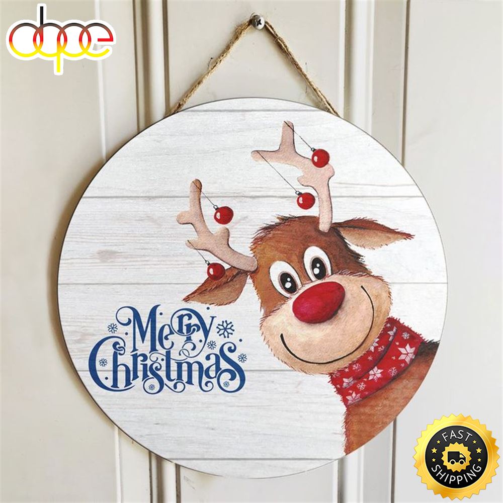Merry Christmas Cute Reindeer Xmas Door Hanger Reindeer Christmas Round Sign