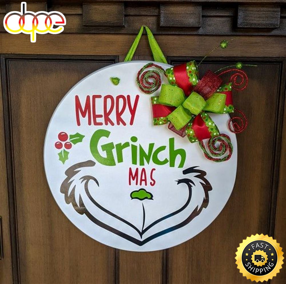Merry Grinchmas Mas Smile Wood Round Grinch Merry Christmas Sign 1